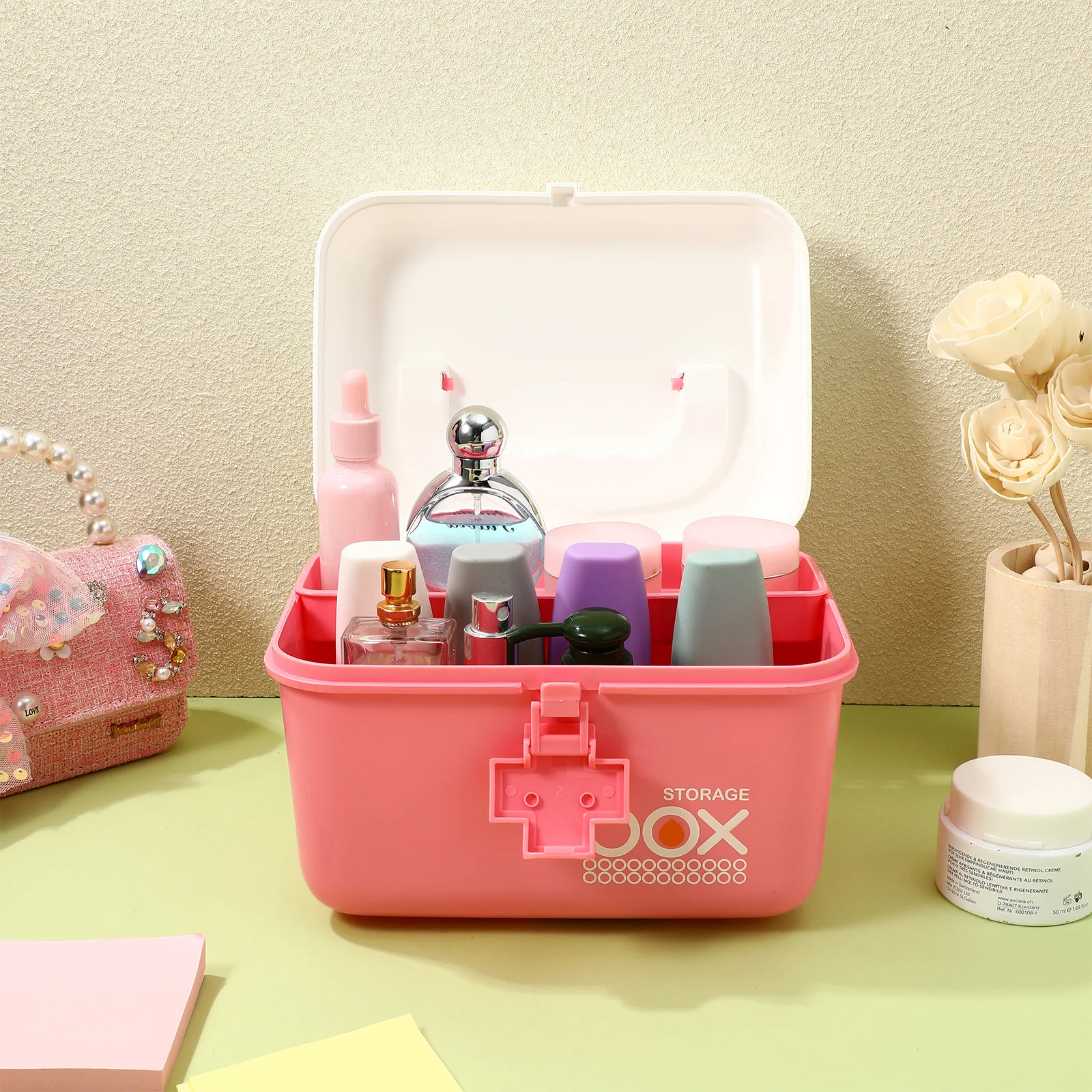 

Medicine Storage Box Portable Double Layer Multi- -Aid Organizer Pink 21x16.5x15cm Lightweight Durable Shockproof