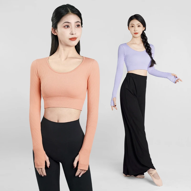 امرأة الكبار محبوك الرقص المحاصيل القمم طويلة الأكمام اليوغا الرياضة الرقص البلوز القمم مردف زي الياقة المستديرة الباليه القمم #3