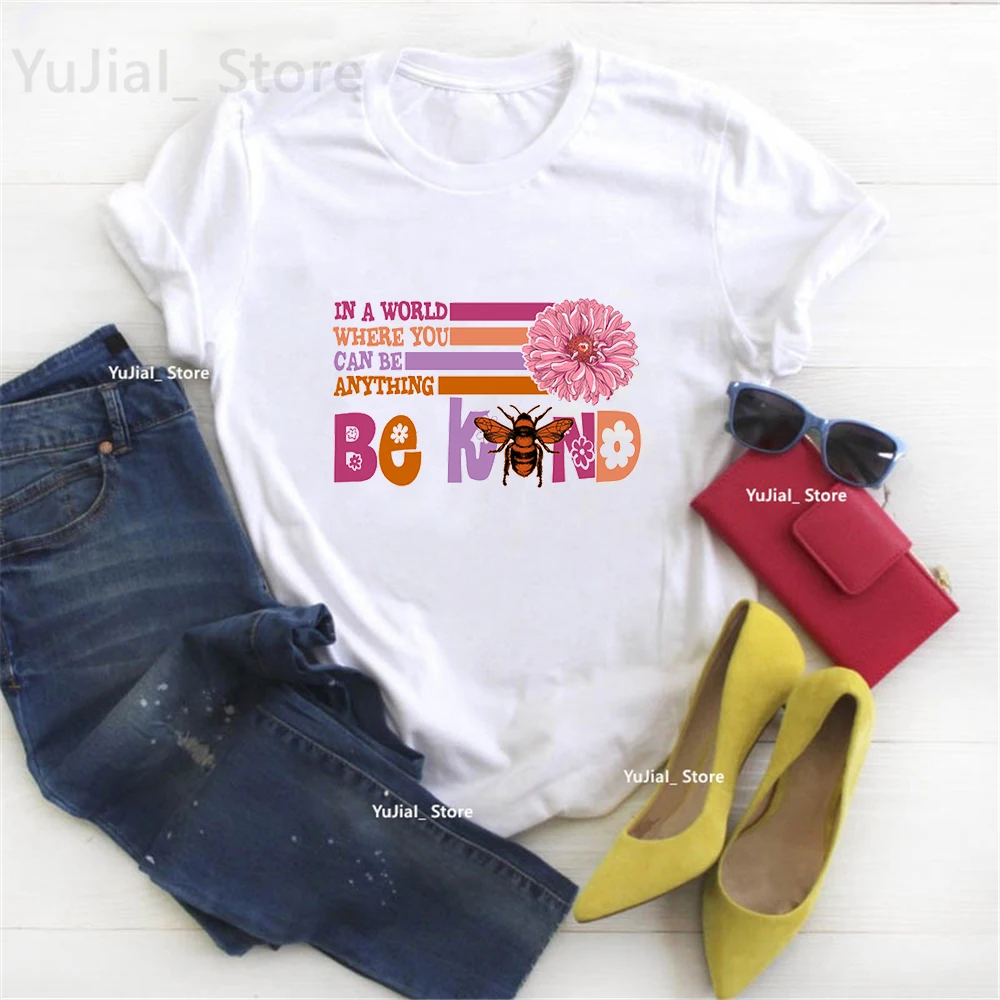 Be Kind Flowers Graphic Print T Shirt Girls Harajuku Kawaii Clothes Cute Bee Tshirt Women Summer Fashion Tops Tee Shirt Femme