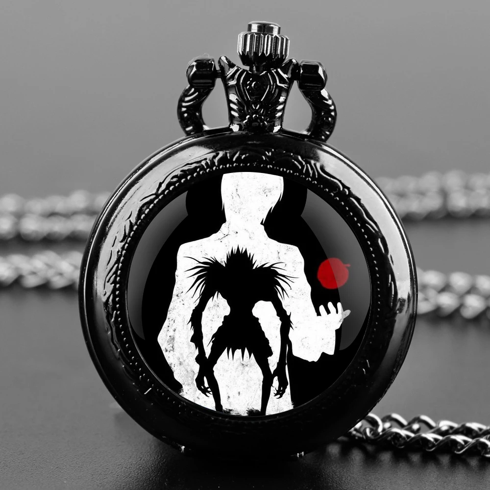 ساعة جيب كوارتز سوداء على شكل قبة زجاجية من Death Note مع قرص أرقام عربية وسلسلة متينة هدية كلاسيكية للرجال والنساء