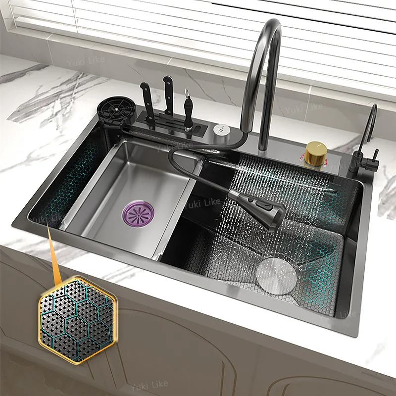 

Black honeycomb embossed kitchen sink with knife holder and glass dishwasher for home kitchen