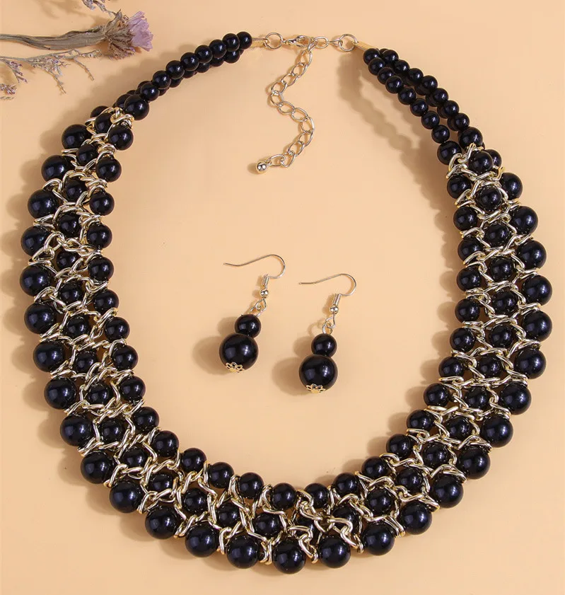 Kymyad Necklace Earrings Jewelry Set For Women Multilayer Black Beads Women Necklace Handmade Jewelry Set Ladies Accessories