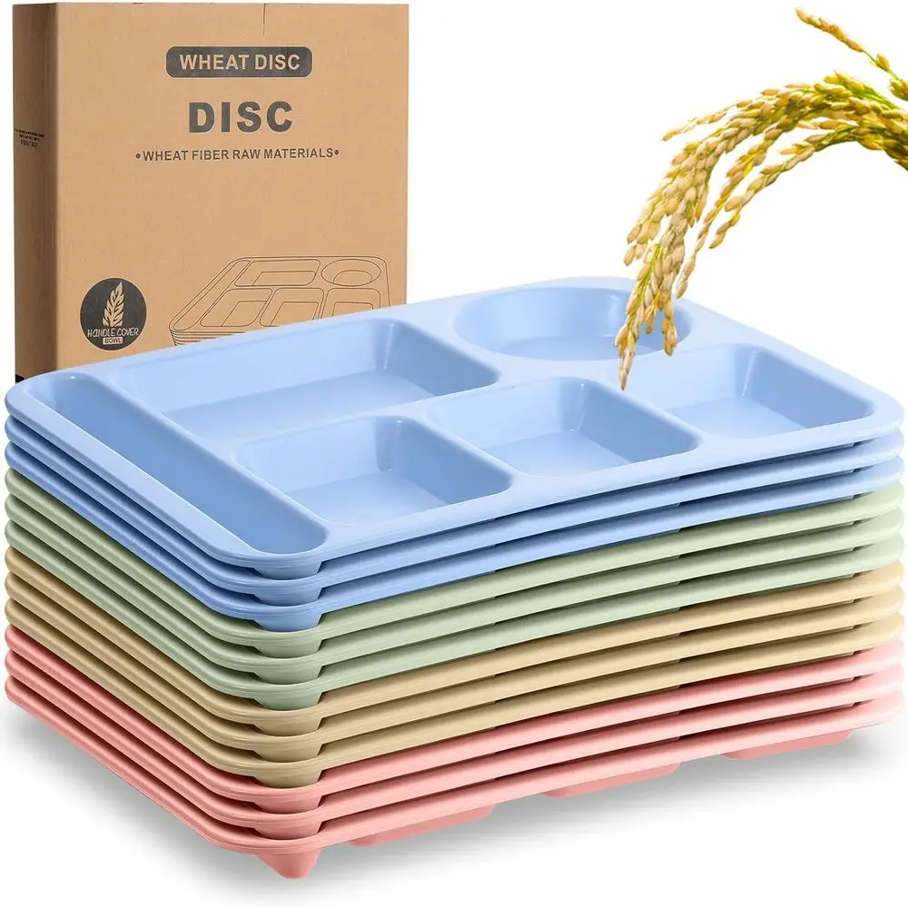 14 Large Divided Plates - 12 Pack Unbreakable Wheat Lunch Trays with 6 Compartments, Microwave & Dishwasher Safe, Assorted Color