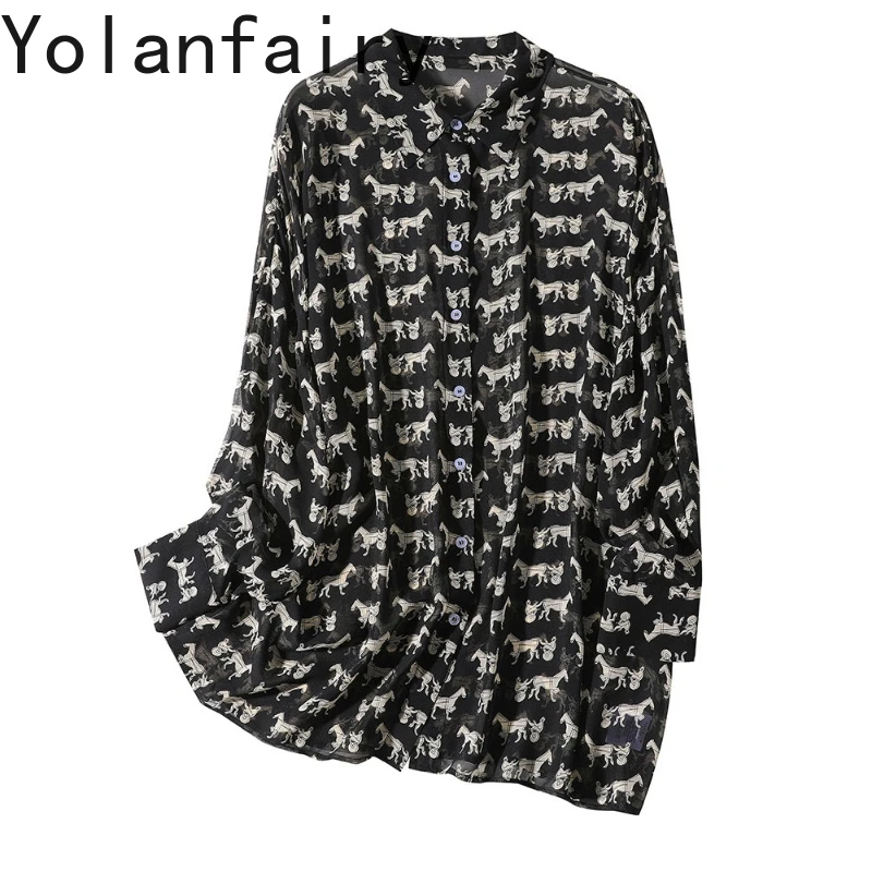 

YOLANFAIRY High-street 100% Real Mulberry Silk Shirts Woman Mid-length Fashion Long Sleeve Shirts Loose Women Shirt Tops Mujer