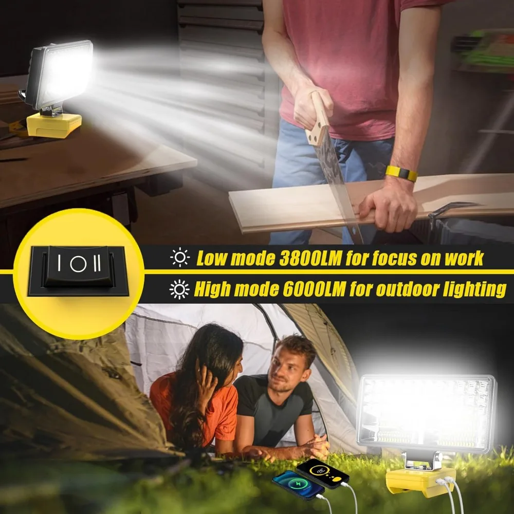 Imagem -05 - Cordless Led Luz de Trabalho Lanterna Portátil Luz de Inundação Compatível com Dewalt 20v Bateria 2.1a Usb Modos 6000 lm 38w