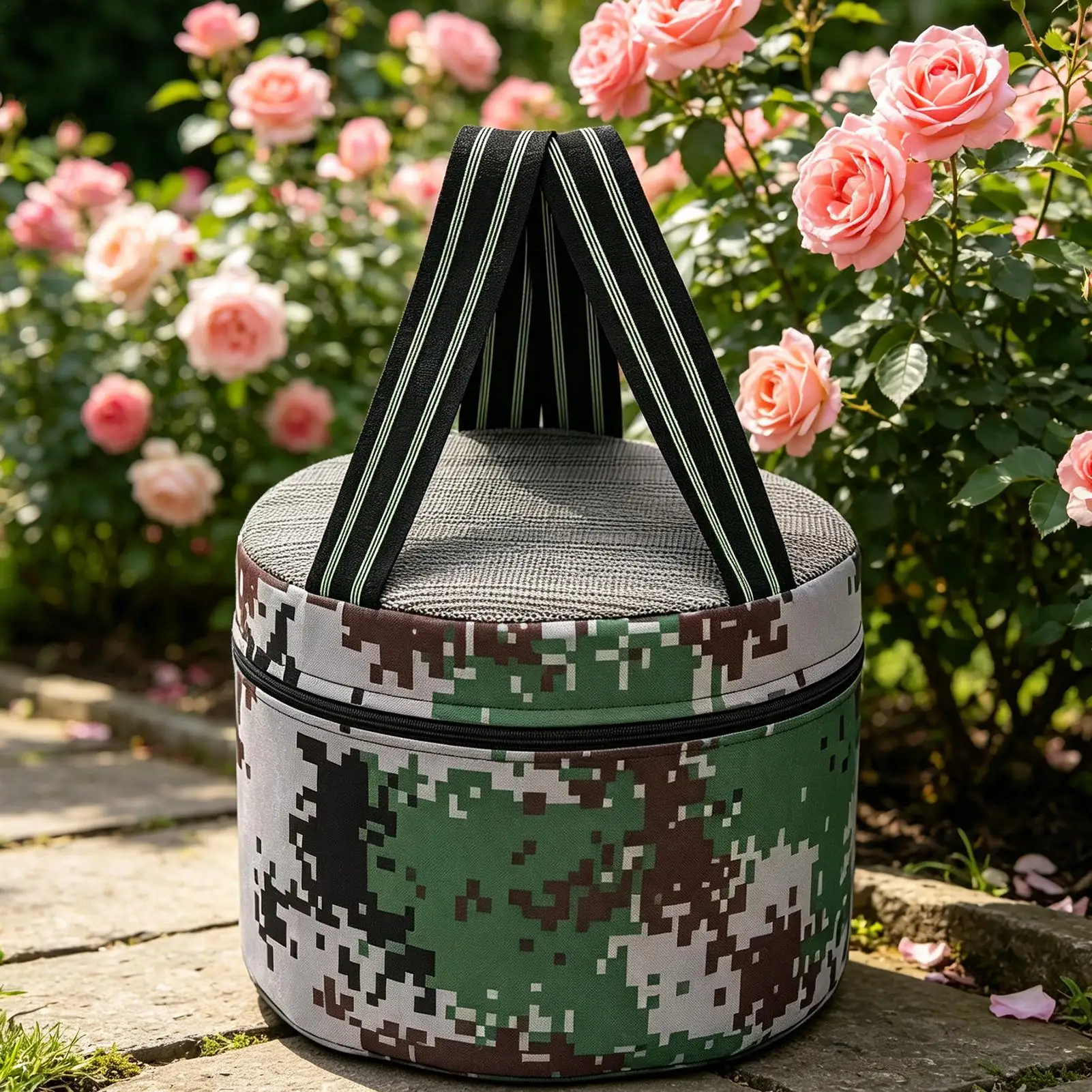 Garden Stool with Strap Camouflage Lightweight Round Foam Cushion Built In Phone Pocket Portable Farming Field Seat for Fishing
