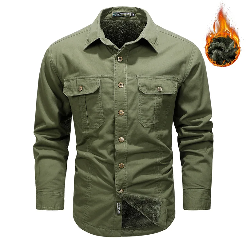 New Autumn Men Fleece Warm Long Sleeved Multi Pockets Cargo Shirts Quality Man Cotton Loose Tooling Shirts Male Casual Shirts 5X