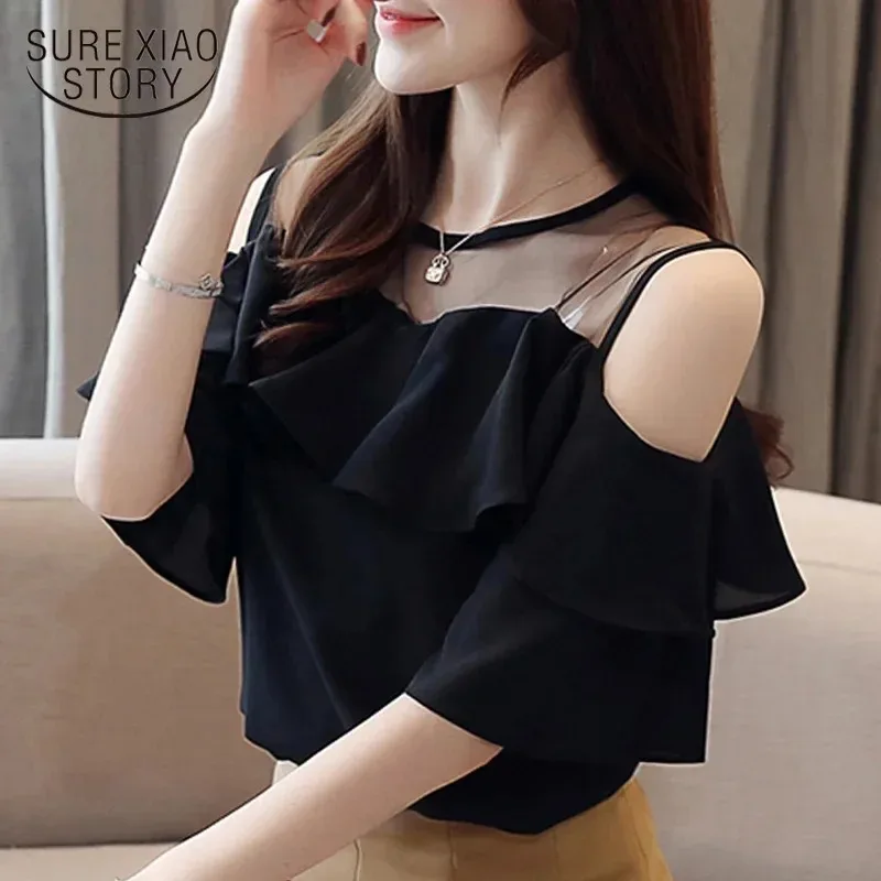 Women\'s Round Collar Mesh Chiffon Blouse, Short Sleeve Ruffles Tops, Sexy Off Shoulder Shirt, Solid Color Clothes, Summer, 4206