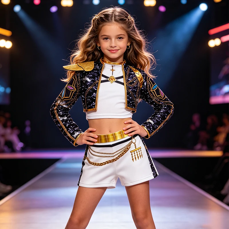Kids Black Gold 3D Printed Jacket Shorts Set Girls Cosplay Outfit For Stage Show Birthday Party Halloween Carnival Dress Up