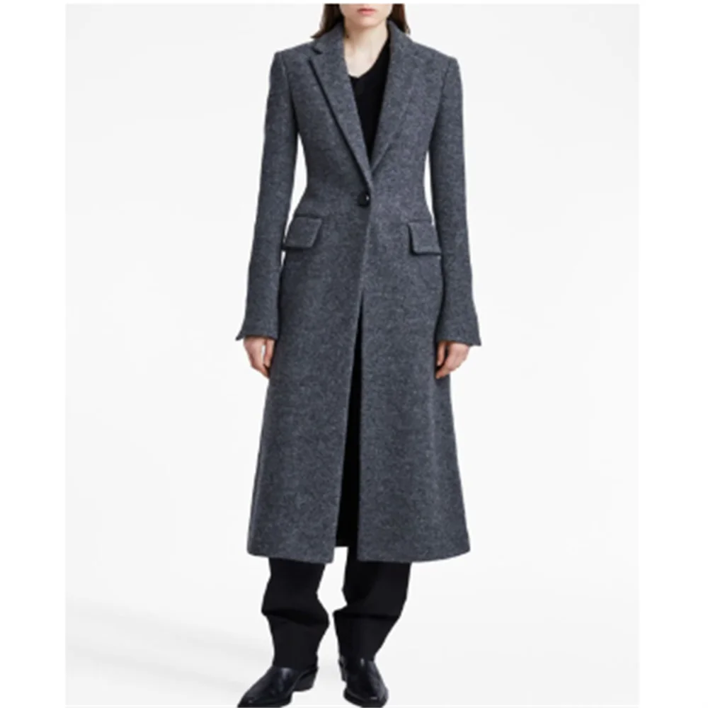 Autumn and winter new gray suit collar with a buckle over the knee forked women's woolen coat long