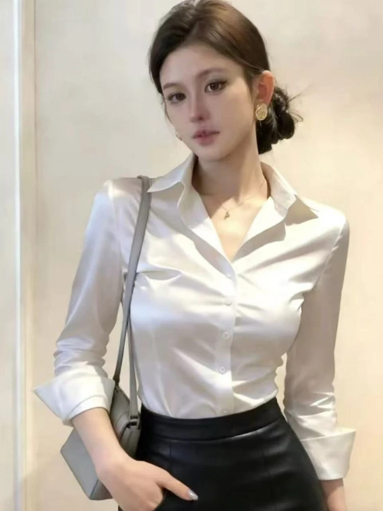 Womens French Chic Blue Polo Collar Long Sleeve Blouse Slimming Single Button Professional Office Shirt