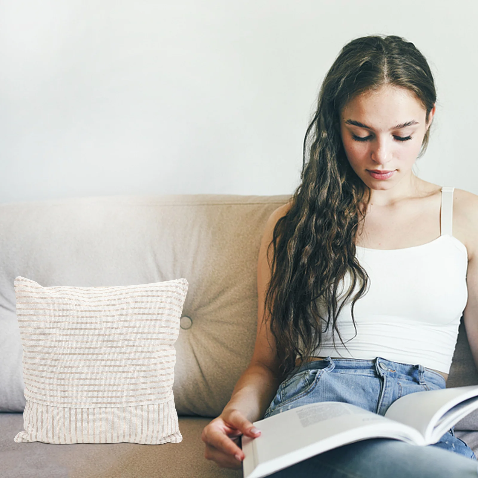 

2Pcs Spliced Cotton Linen Throw Pillow Covers Square Cushion Case Decorative Pillowcase Invisible Zipper for Sofa Home