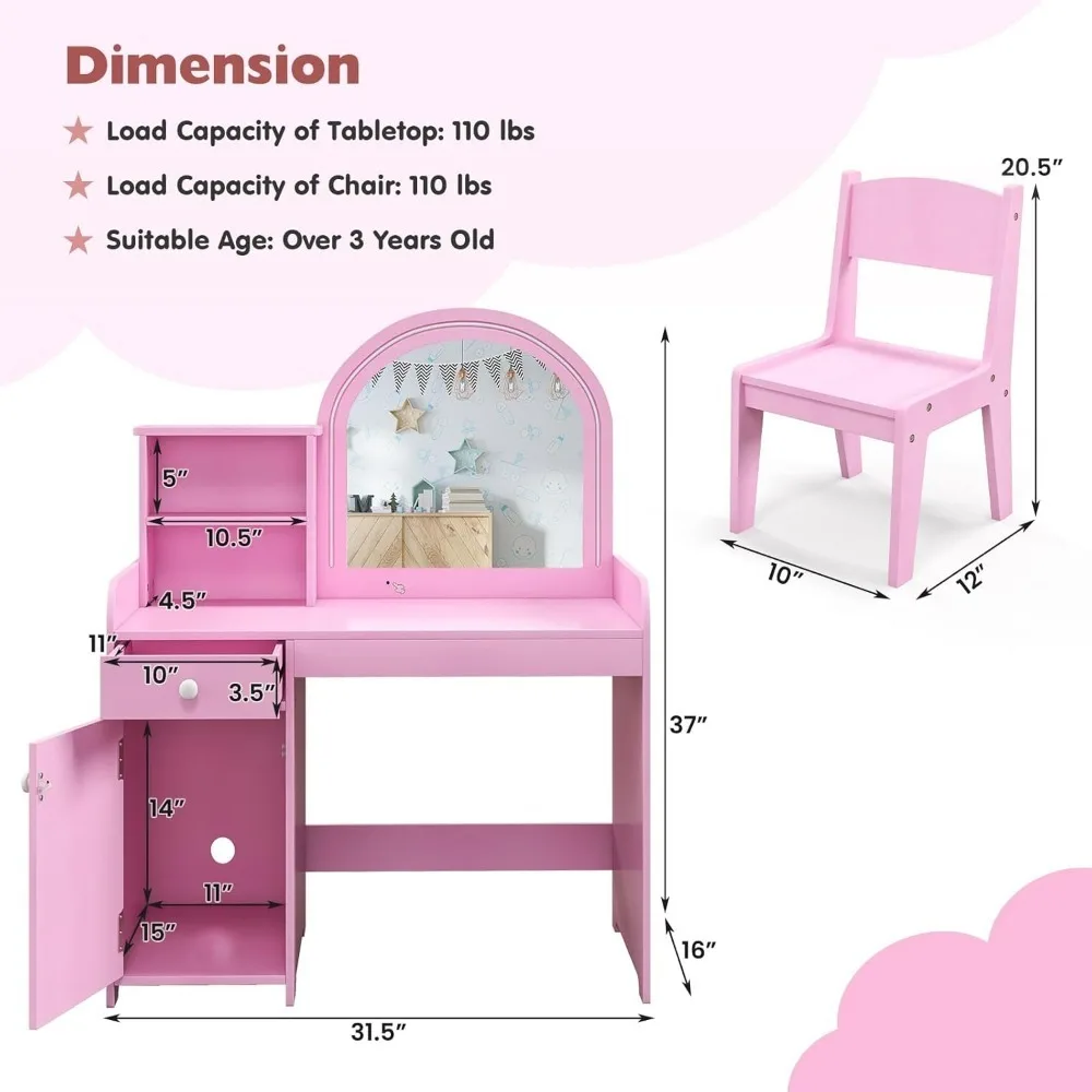 Kids Vanity Set, Lighted Mirror Toddler Makeup Dressing Princess Table & Chair Set with Shelves, Drawer & Cabinet, Vanity Set