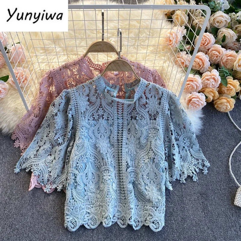 Korean Woman Clothes Blusas Mujer De Moda Fashion Shirts Hollow Out Floral Blouses Women Lace Laides Cropped Tops