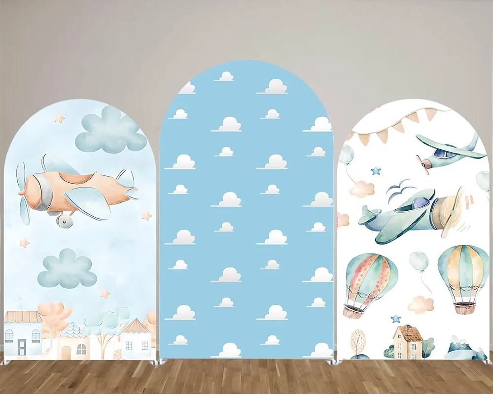 

Mehofond Airplane Arched Cover Backdrop Blue Sky White Clouds Newborn 1st Birthday Baby Shower Arch Wall Double-sided Background