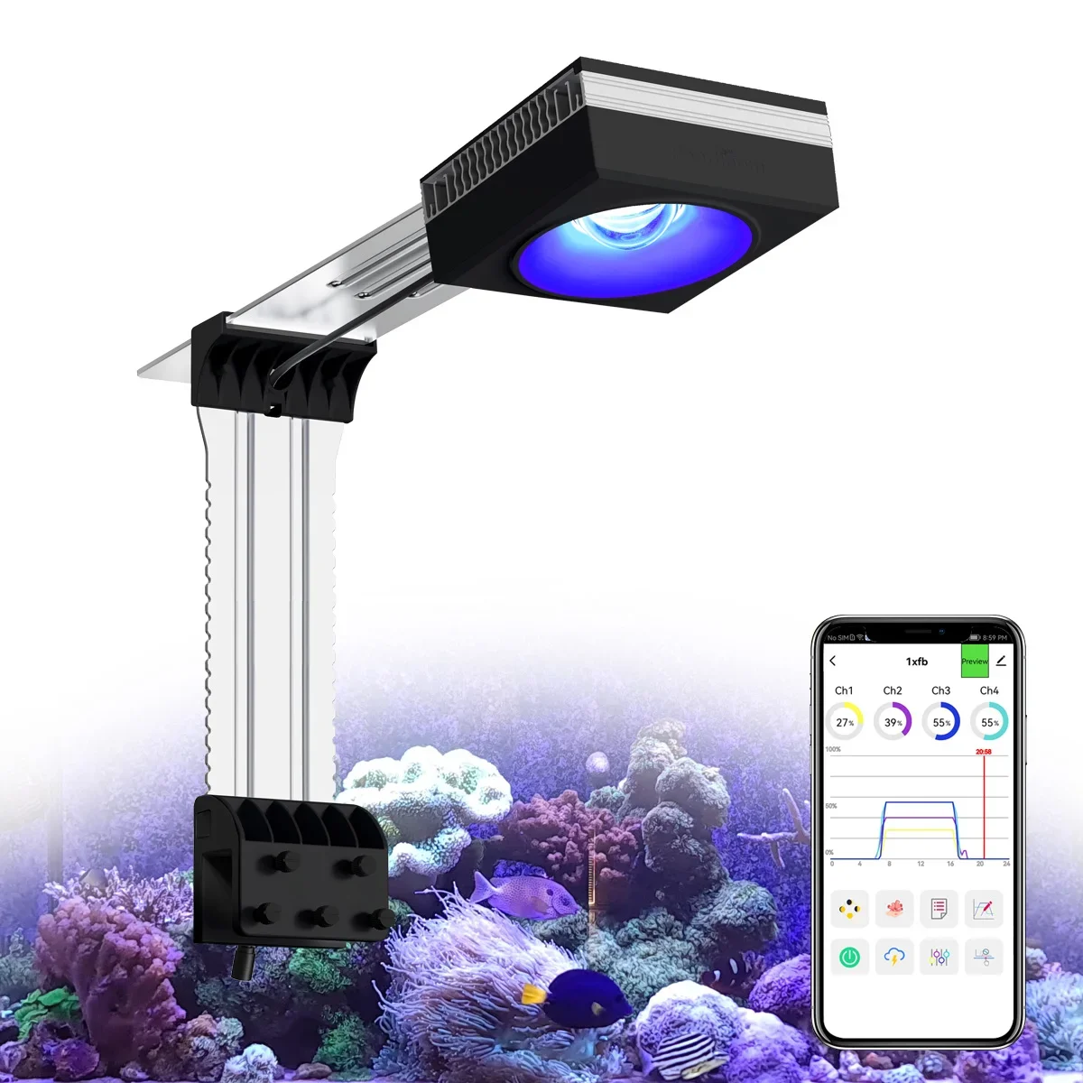 

Программируемое освещение PopBloom RL90 полного спектра восхода/заката 100 Вт для морского аквариума со светодиодное рифовое освещение (черный)