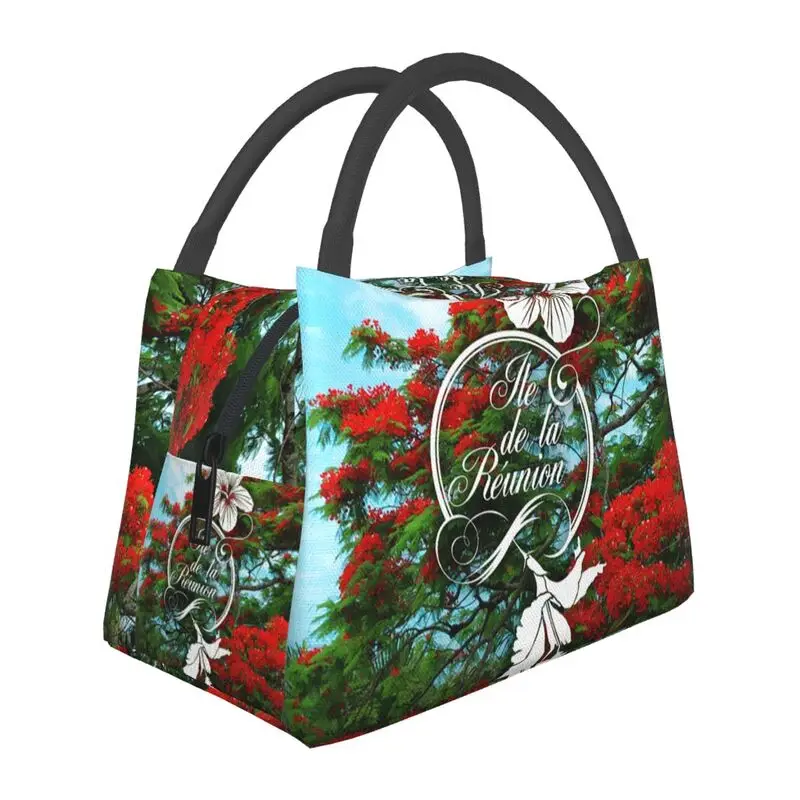 

974 Reunion Island Insulated Lunch Bags for Women Flamboyant And Hibiscus Resuable Thermal Cooler Food Lunch Box Work Travel