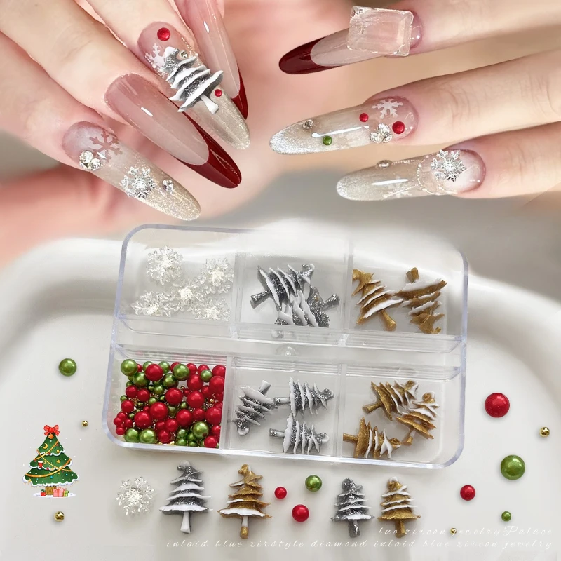 6-delige kerst nail art accessoire set 3D kerstboom nagel tops transparante sneeuwvlok hars nagel studs kleine decoratieve stukken