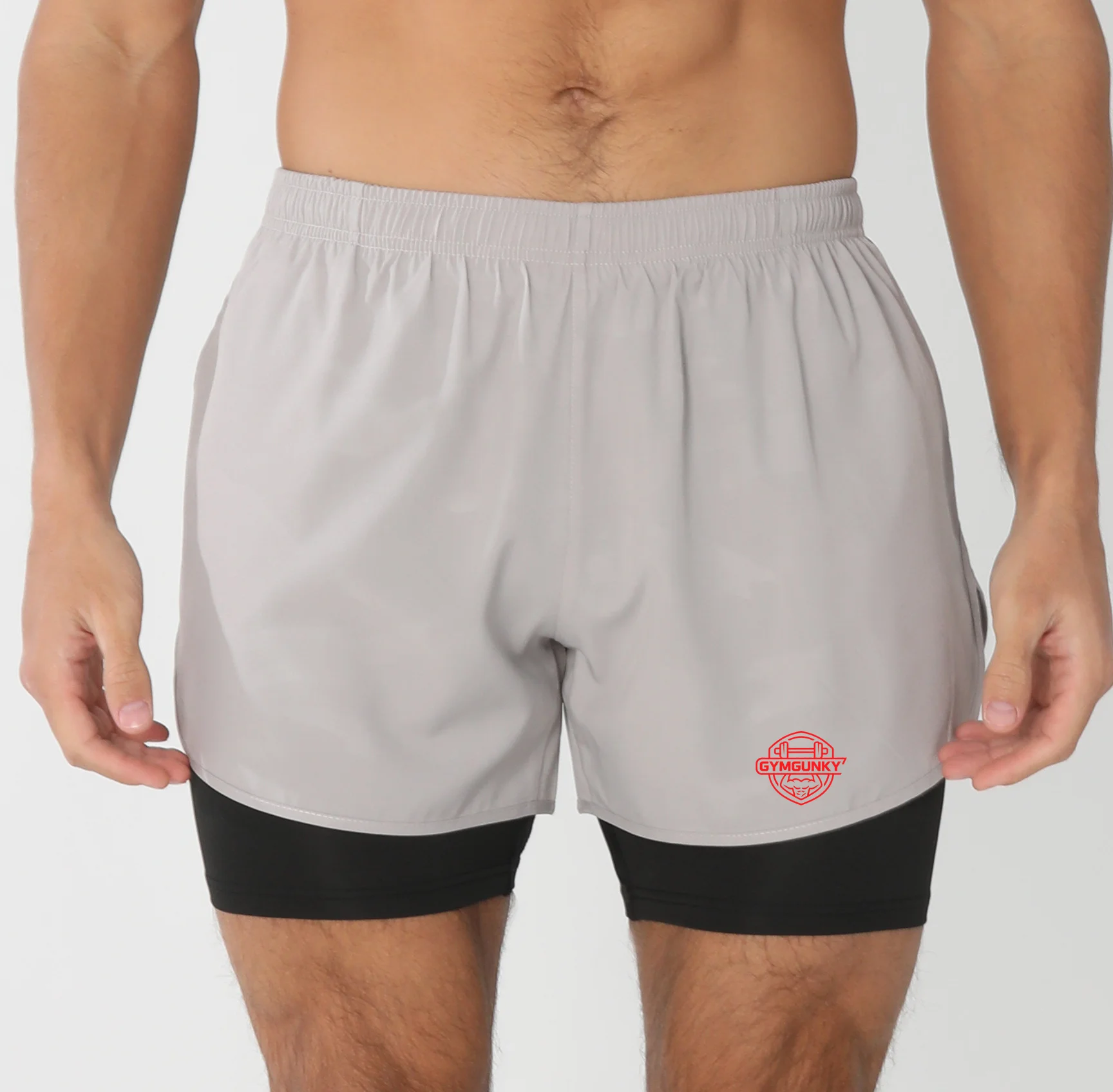 Men 2 In 1 Workout Shorts Circular Dumbbell GYMGUNKY Print Back Reflective Zipper Pocket Quick Dry Running Shorts