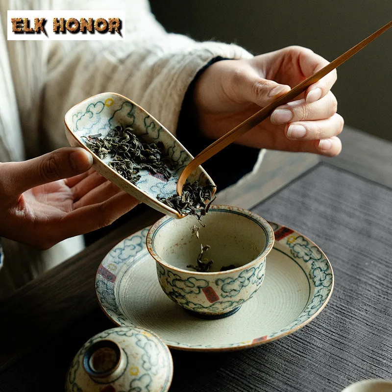 Auspicious Cloud Blue and White Flint Red Tea Scoop Ancient Chahe Shovel Household Appreciation Ladle Flower Tea for Tea Craft
