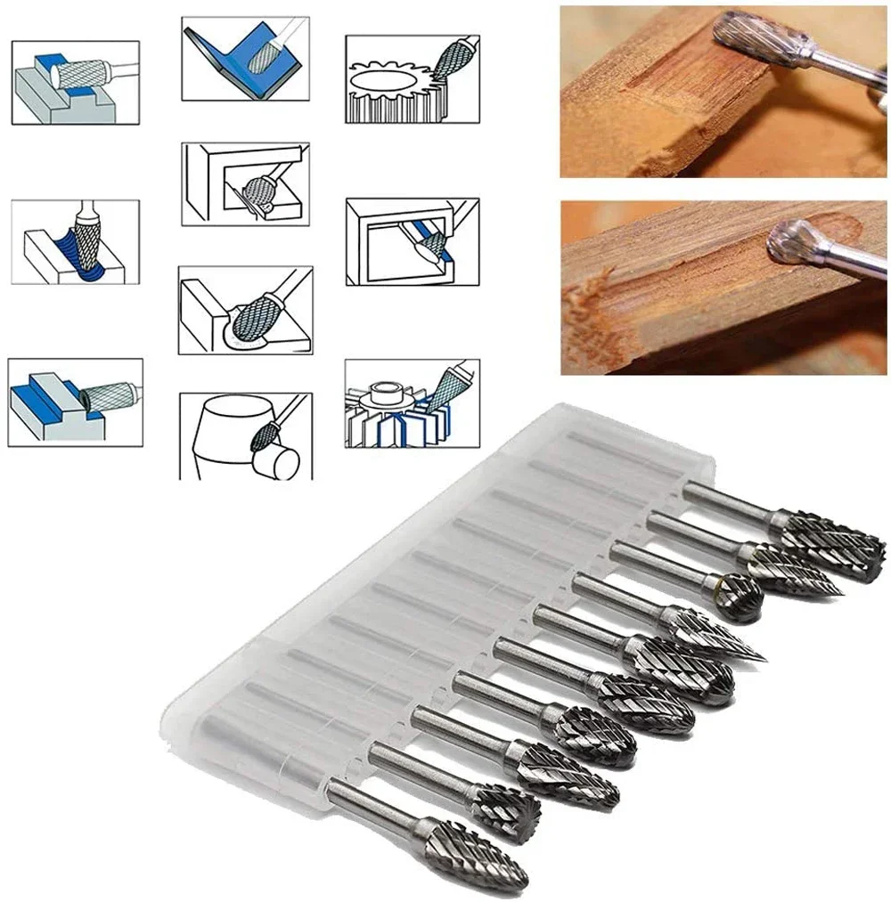 10pcs Hard Alloy Rotary File 3*6 Double Grain Tungsten Steel Grind Head Electric Grind Mold Woodwork Grinding File Tool Set