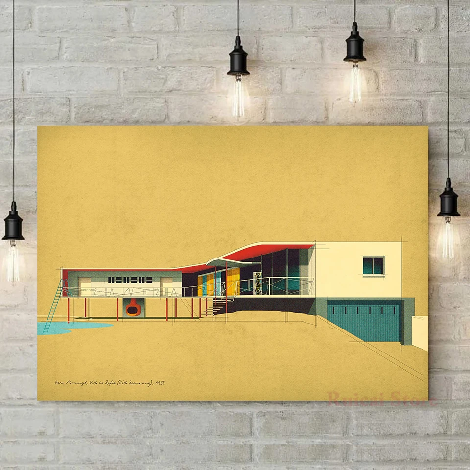 Affiche sur toile Pierre Koenig Villa La Roche Villa Rozenburg 1955, art mural moderne du milieu du siècle, dessin de maison vintage