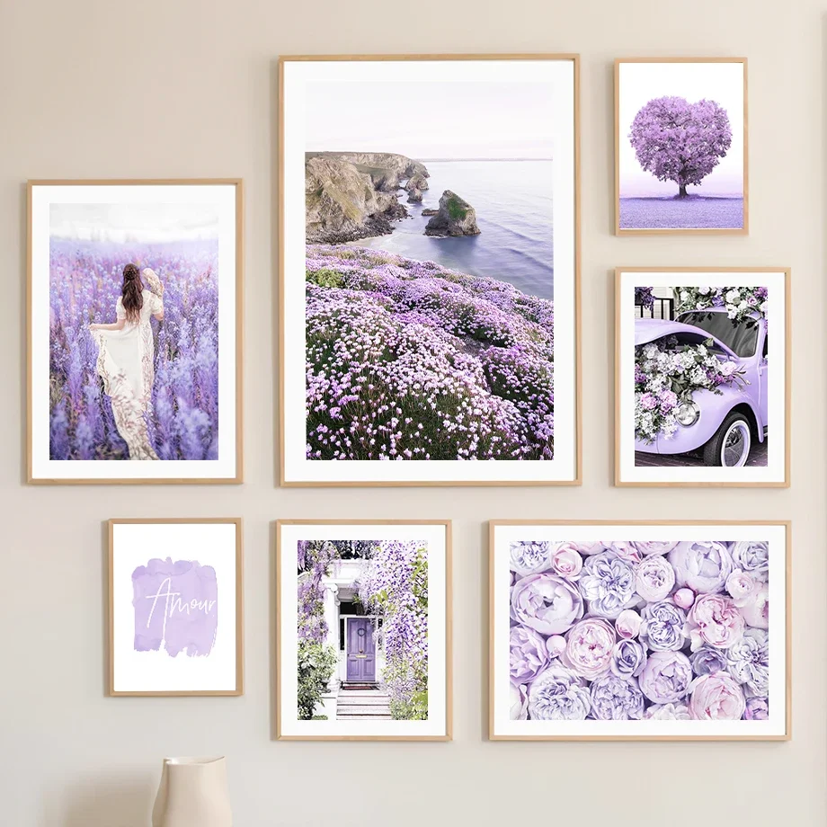 Purple Lavender Coast Girl Vintage Car Bike Cafe Wall Art Canvas Painting Living Room Home Decoration Picture Posters And Prints