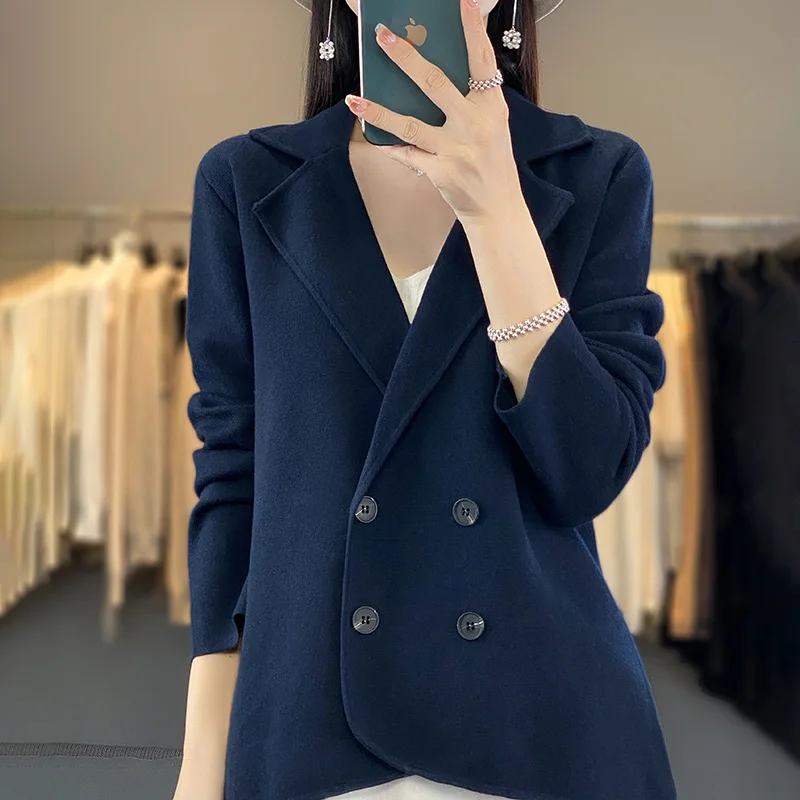 Spring Autumn Suit Collar Worsted Wool Coat Women's Solid Color Loose Long-Sleeved Knitting Outside Joker Temperament Cardigan