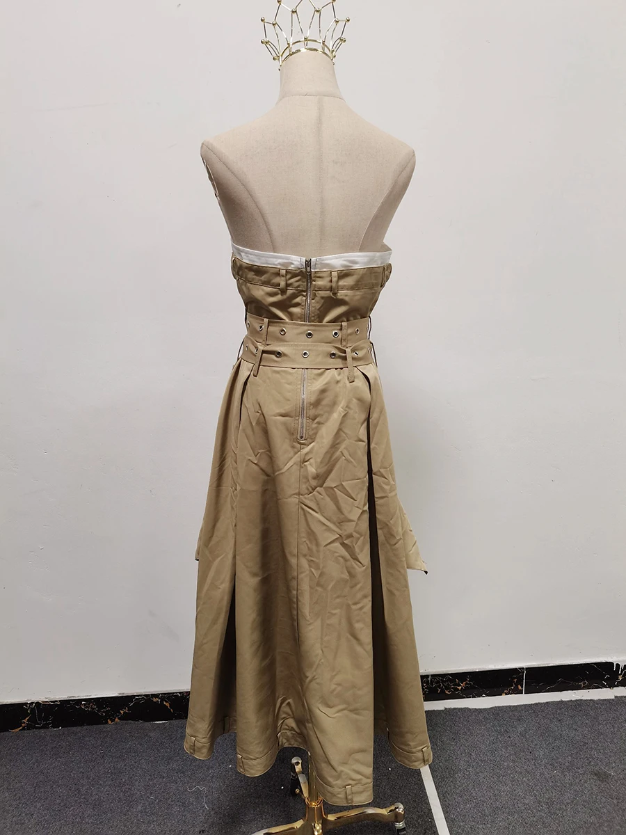 VGH Ameican Retro Irregular Cargo Dresses for Women Strapless Sleeveless High Waist Spliced Double Sashaes Midi Dress Female New