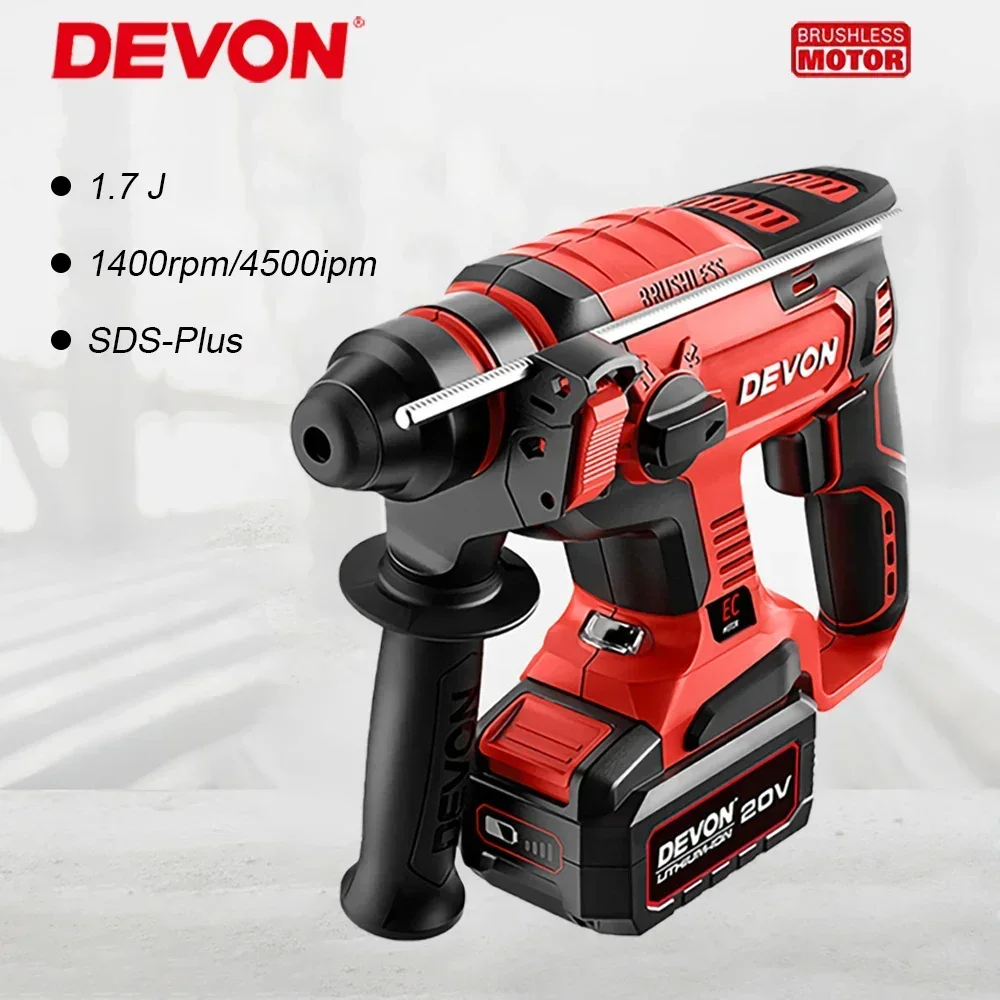 

Devon 5401 Cordless Rotary Hammer 1.7J 1400rpm 4500ipm 2.1Kg Bare Tool Brushless Rechargerable Universal 20v Flex Battery