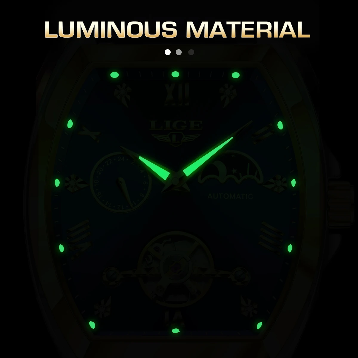 LIGE Luxury Mens Rectangular Dial Mechanical Watches Waterproof Leather Automatic Luminous Watch Business Men relogios masculino