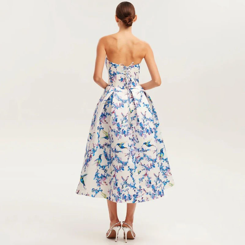 New sexy printed strapless back tied rope dress, women's floral party dress mid length