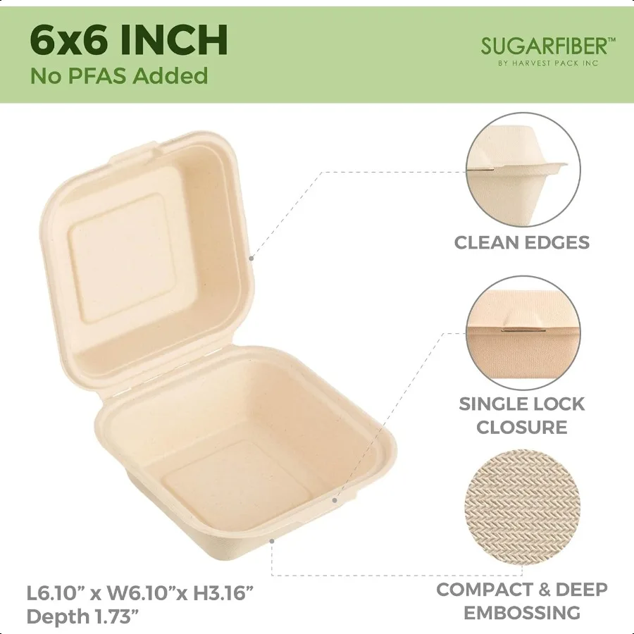 [50 COUNT] Paquete de cosecha GRATIS PFAS 6 X 6 Contenedores de alimentos para llevar con un solo compartimento con bisagras cuadradas compostables y resistentes