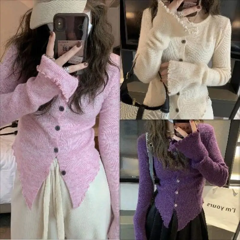 French Knitted Bottom Shirt Women Wood Ear Hem Slim Casual Cardigan Top