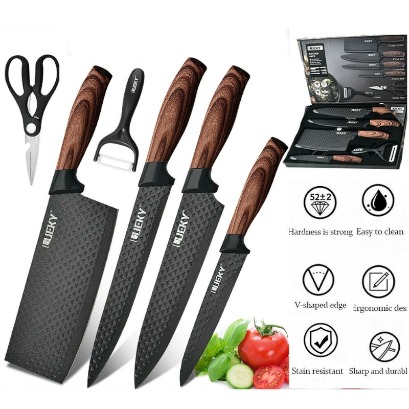 6Pcs/Set Kitchen Knives Set Stainless Steel Forged Kitchen Chef Knife Set Scissors Peeler Slicer Nakiri Paring Knife Gift Case