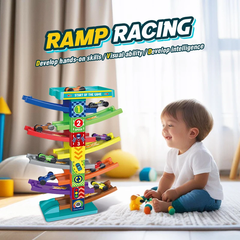 Set da gioco per auto in orbita a 8 piste con 8 auto Stack Assembly Pista da corsa Tenda Rail Rrack Veicolo Giocattoli per ragazzi Regali di compleanno per bambini