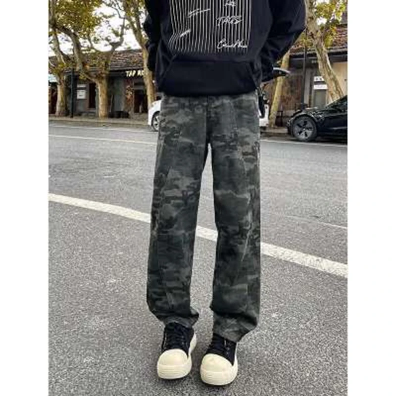 American High Street Retro Waed Camouflage Men's Jeans Spring Autumn Trendy Hiphop Casual Flared Workwear Straight Leg Pants