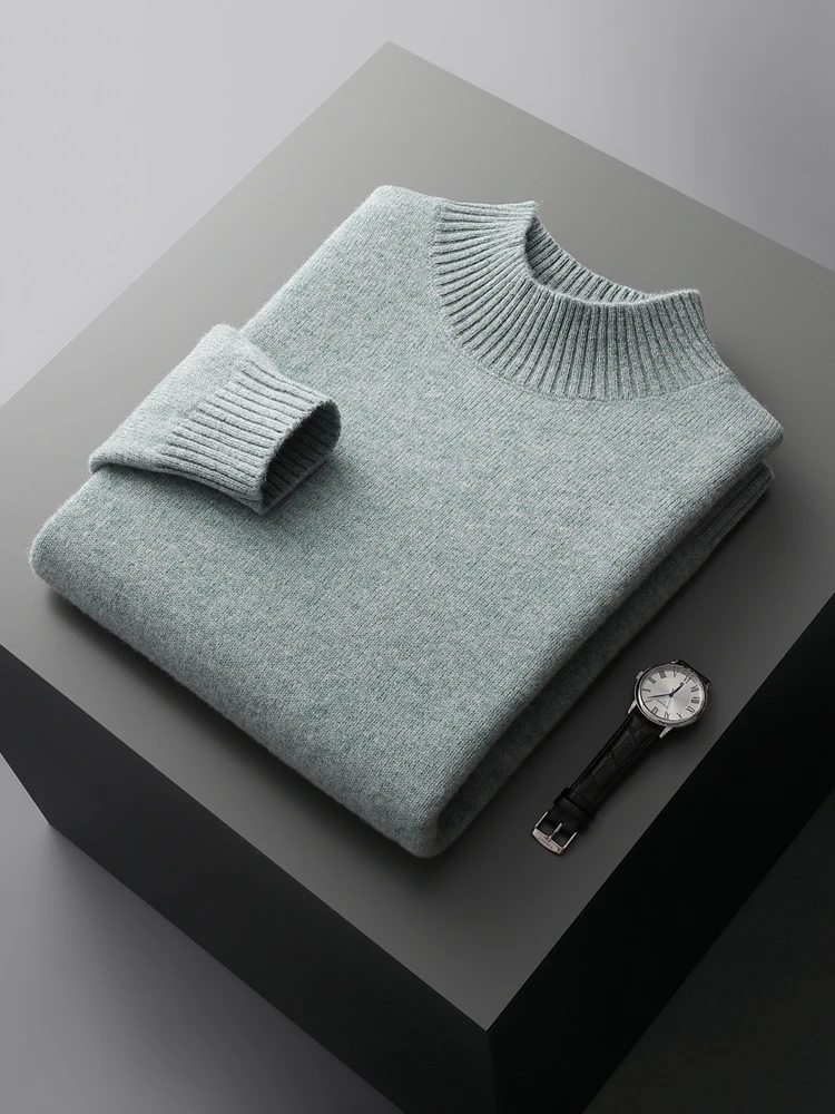 Autumn Winter Men Cashmere Sweater Mock Neck Long Sleeve Pullover Thick Basic Soft Warm Clothing 100% Merino Wool Knitwear Tops