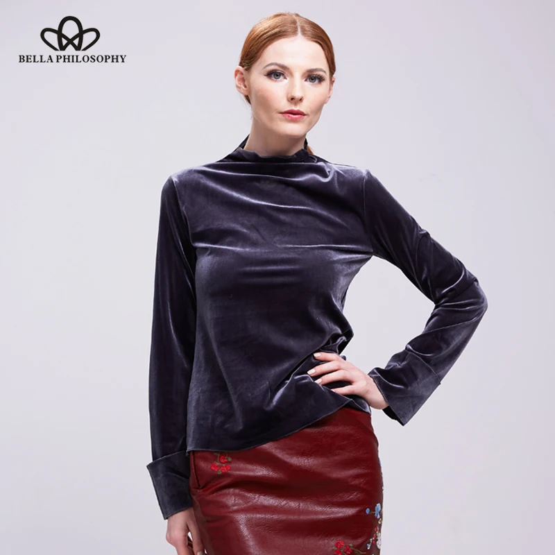 Bella Philosophy autumn winter stand collar long sleeve velvet pullover Shirt metallic color blouse shirt women blusas