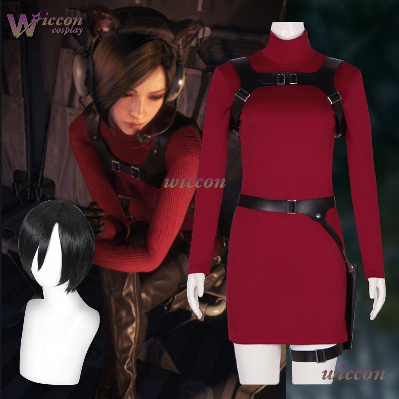 

Костюм для косплея Ады Вонг из Resident Evil 4: красный боди, парик, сексуальное платье, пояс, карнавальный костюм для взрослых женщин