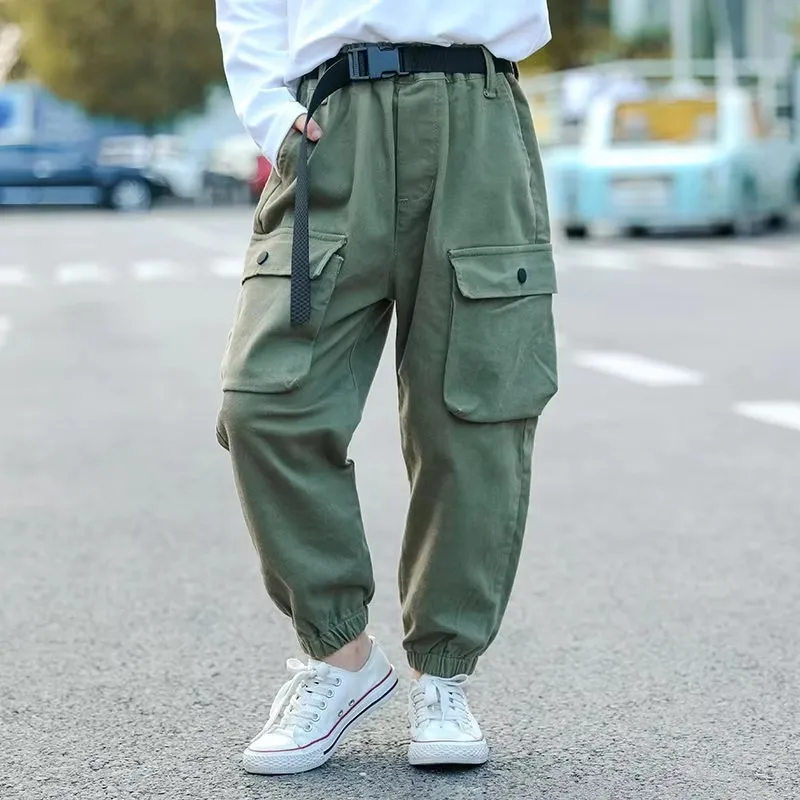 2024 New Fashion Cargo Pants for Girls Cool Trousers With Belt Loose Style Kids Cotton Sport Casual Pants Age 5 6 7 8 9 Year Old