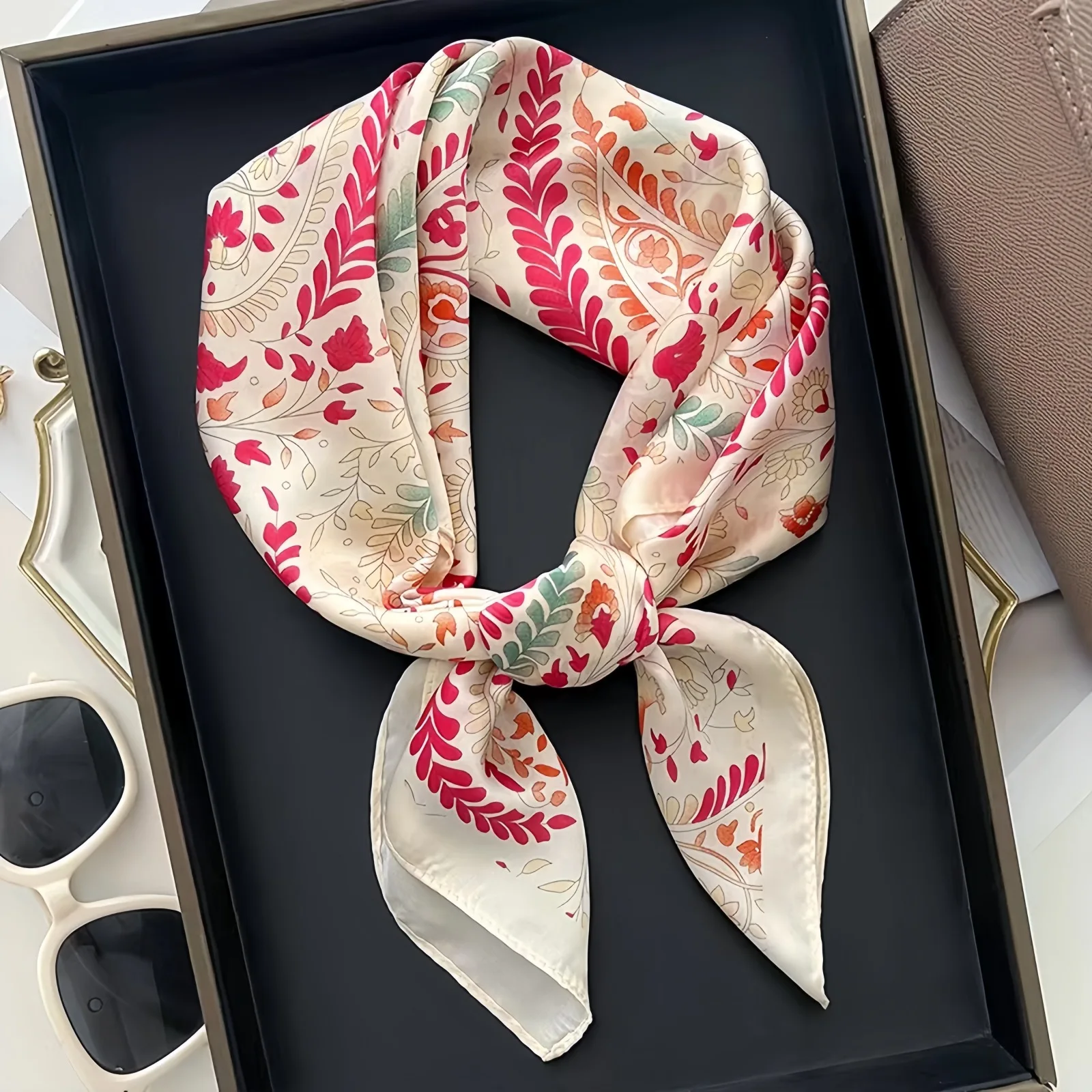 Luxury Floral Silk Feel Square Scarf Women Soft Satin Kerchief Hairband Neckerchief Head Hijab Lady Headband Foulard Bag Ribbon