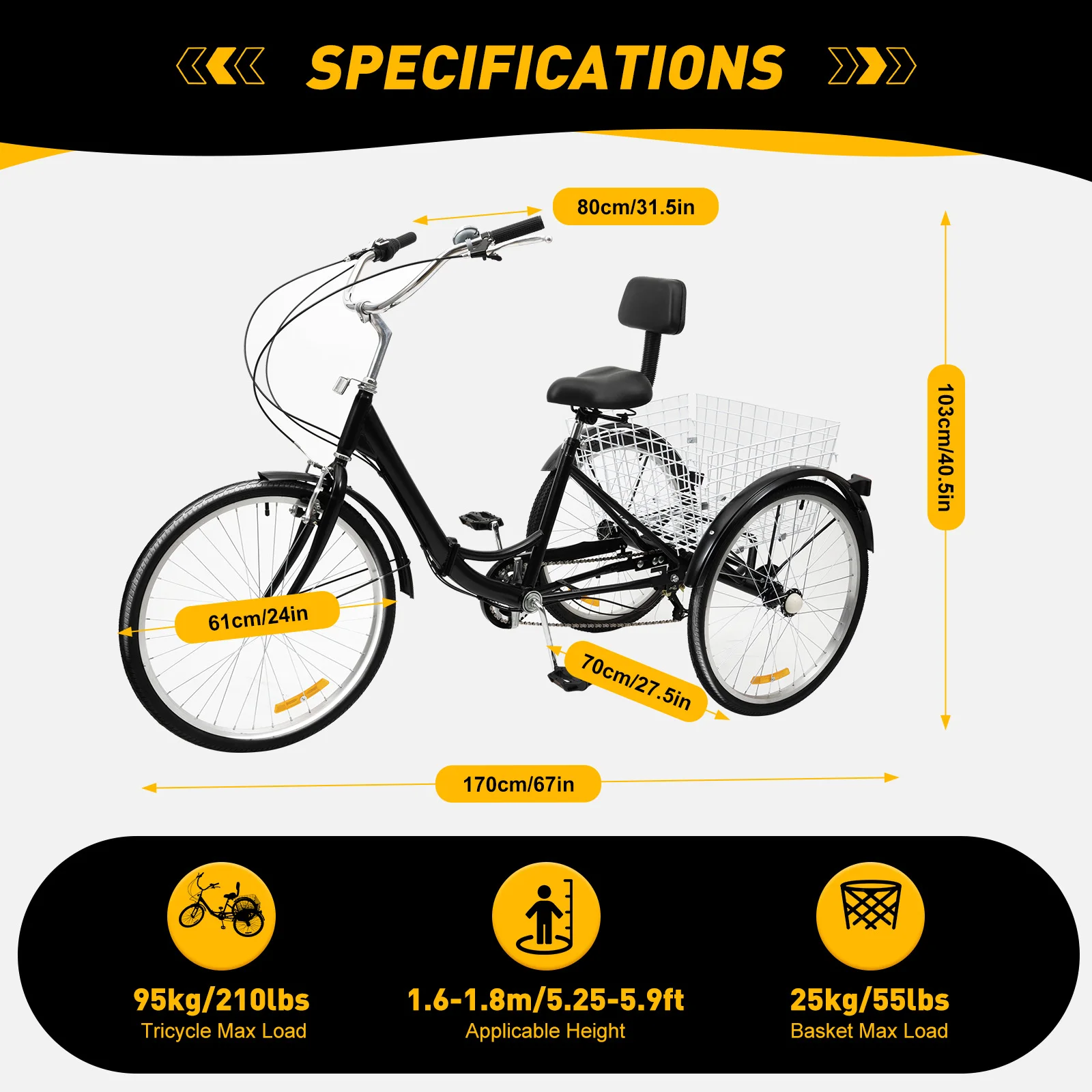 24-Inch 7-Speed Tricycle Bike with Backrest Portable Foldable Bicycle Adjustable Seat Rear Folding Basket Chic Home Accessories