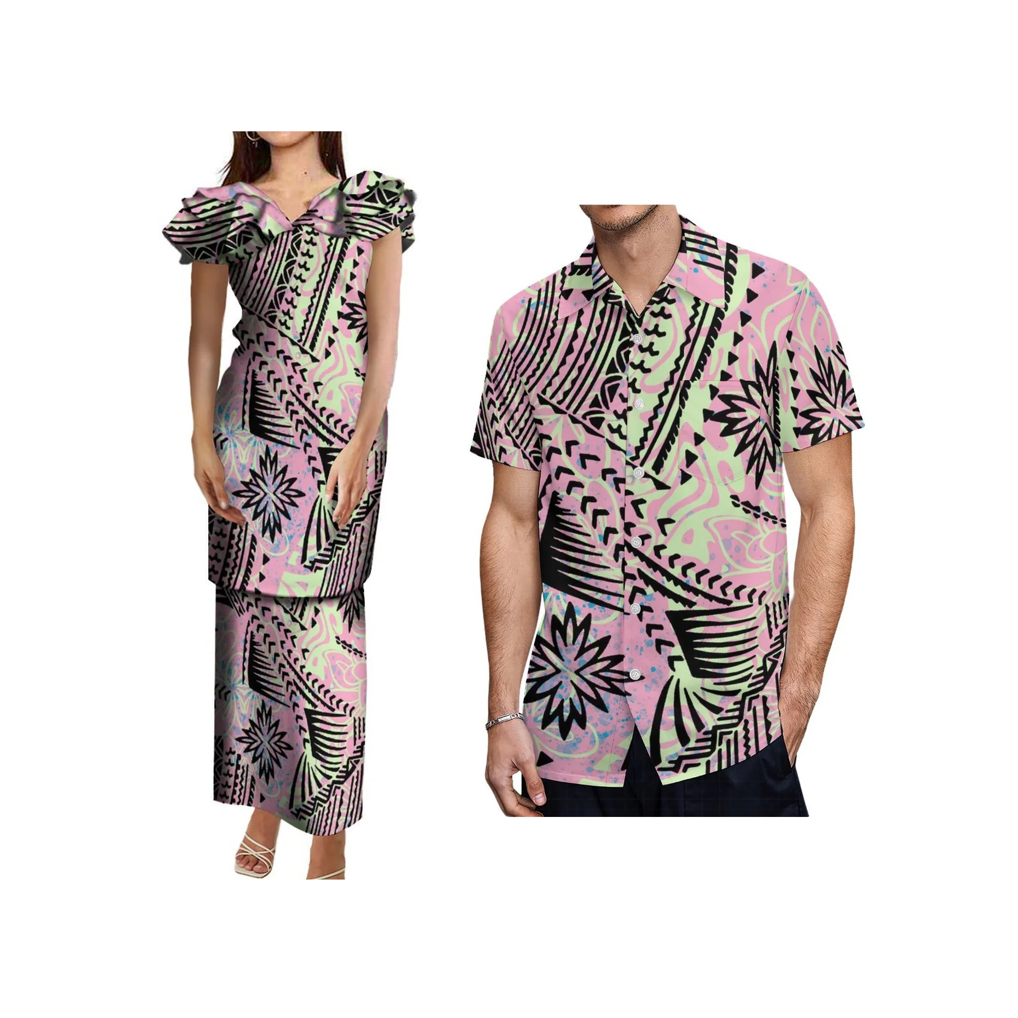 Custom Logo Polynesian Tribal Print Ladies Frill Layered Ruffle Petal Sleeve Puletasi Samoa Dress Top and Skirt 2 Piece Set