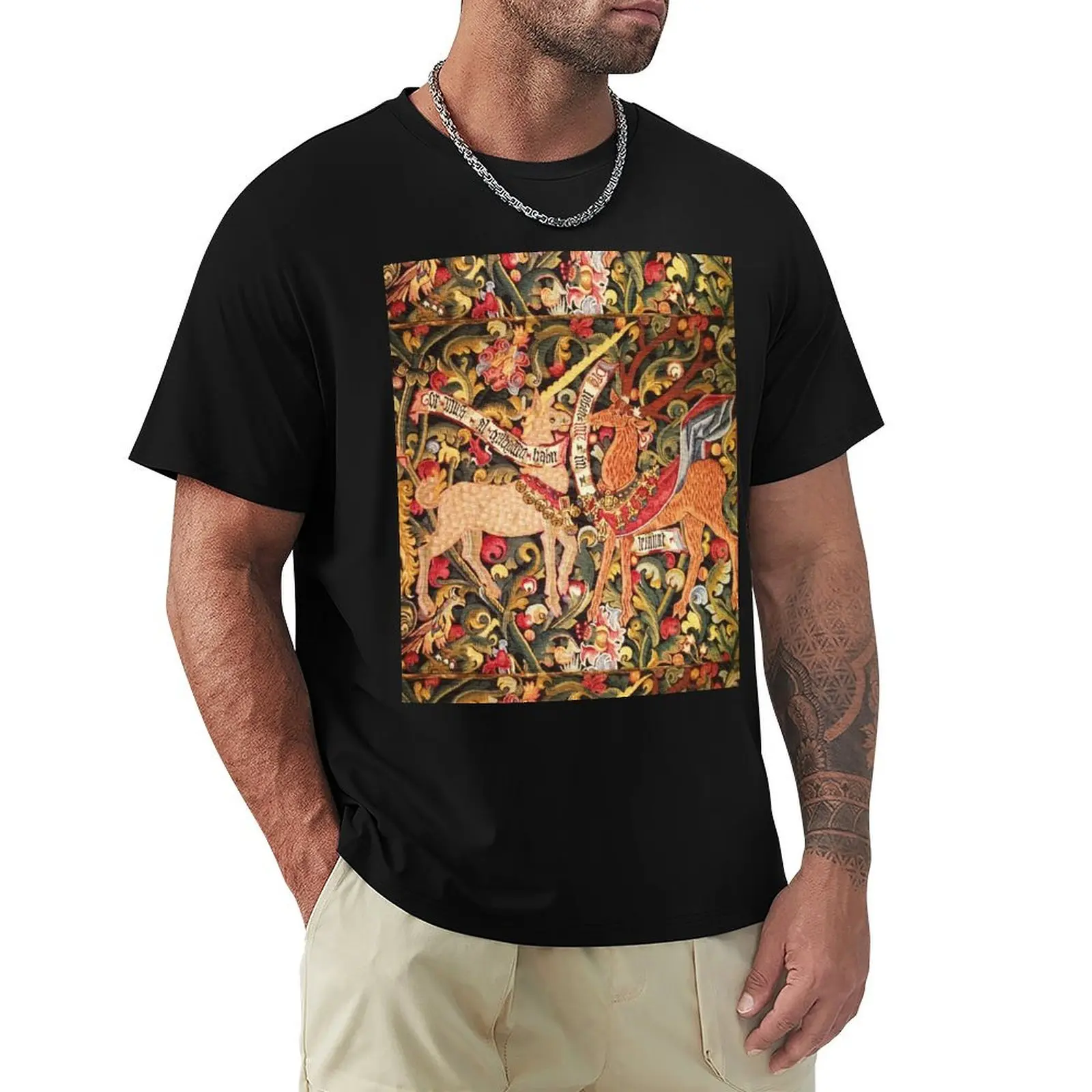UNICORN;DRAGON,LION,STAG AND OTHER ANIMALS Floral Medieval Tapestry T-Shirt Plus Size Gym Sports T-Shirt