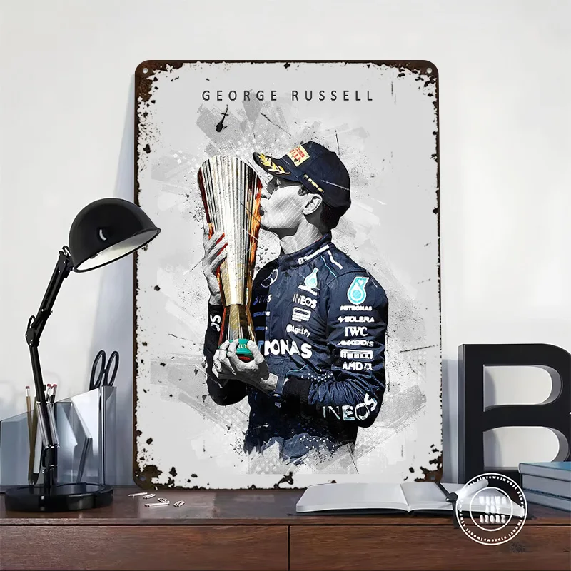 George Russell Victory Celebration Printed Posters Customizable Wall Art Retro Vintage Metal Tin Signs for Home Room Custom Sign
