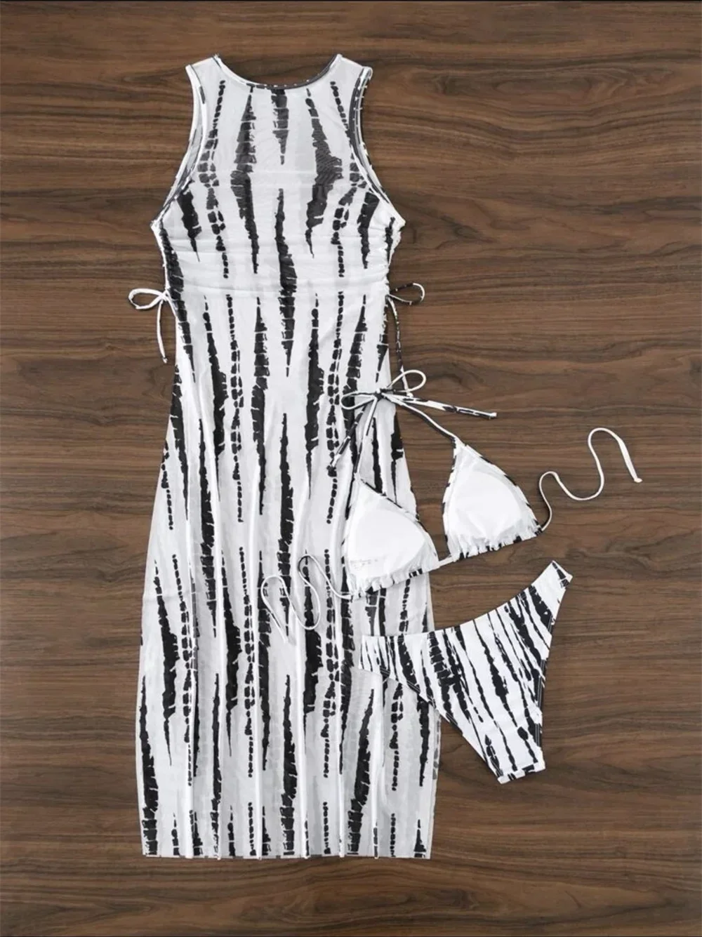 Vintage Print Bikini Thong String Swimsuit High Slit Tunic Trend Swimwear Dress Cover-up Women 3-Piece Beach Outfit Bathing Suit