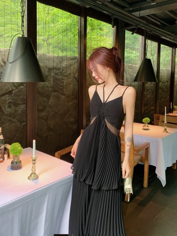 Beach Holiday Pink Backless Neck-mounted Long Dresses Summer French Hepburn Pressure Pleated Big Swing Casual Female Clothing