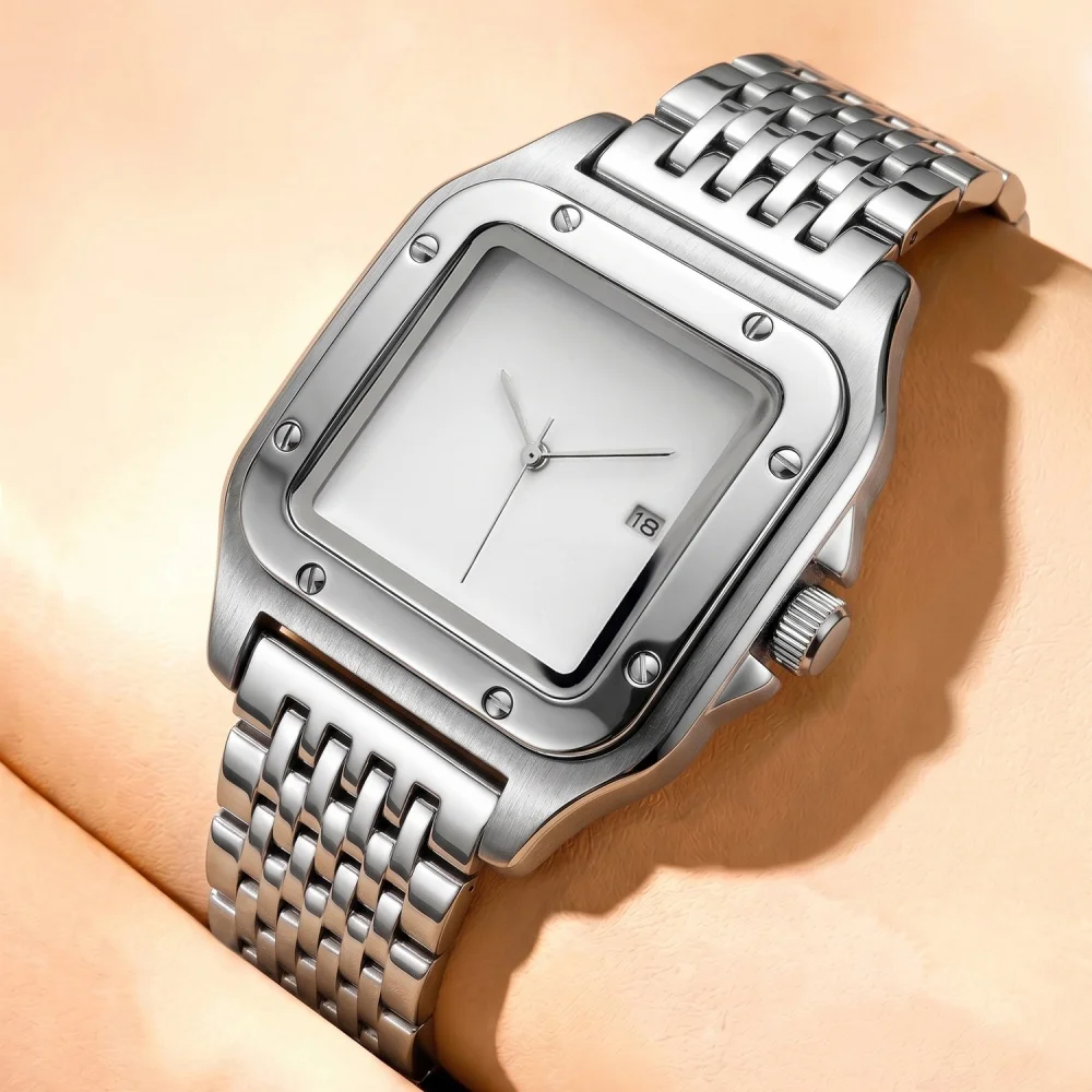 European and American Trendy Men's Square Quartz Watch, Business Commuter Waterproof Calendar Watch, Replica Classic Style, Steel Band, Light Luxury Men's Watch, Gift-Giving Versatile Fashion Casual Wristwatch