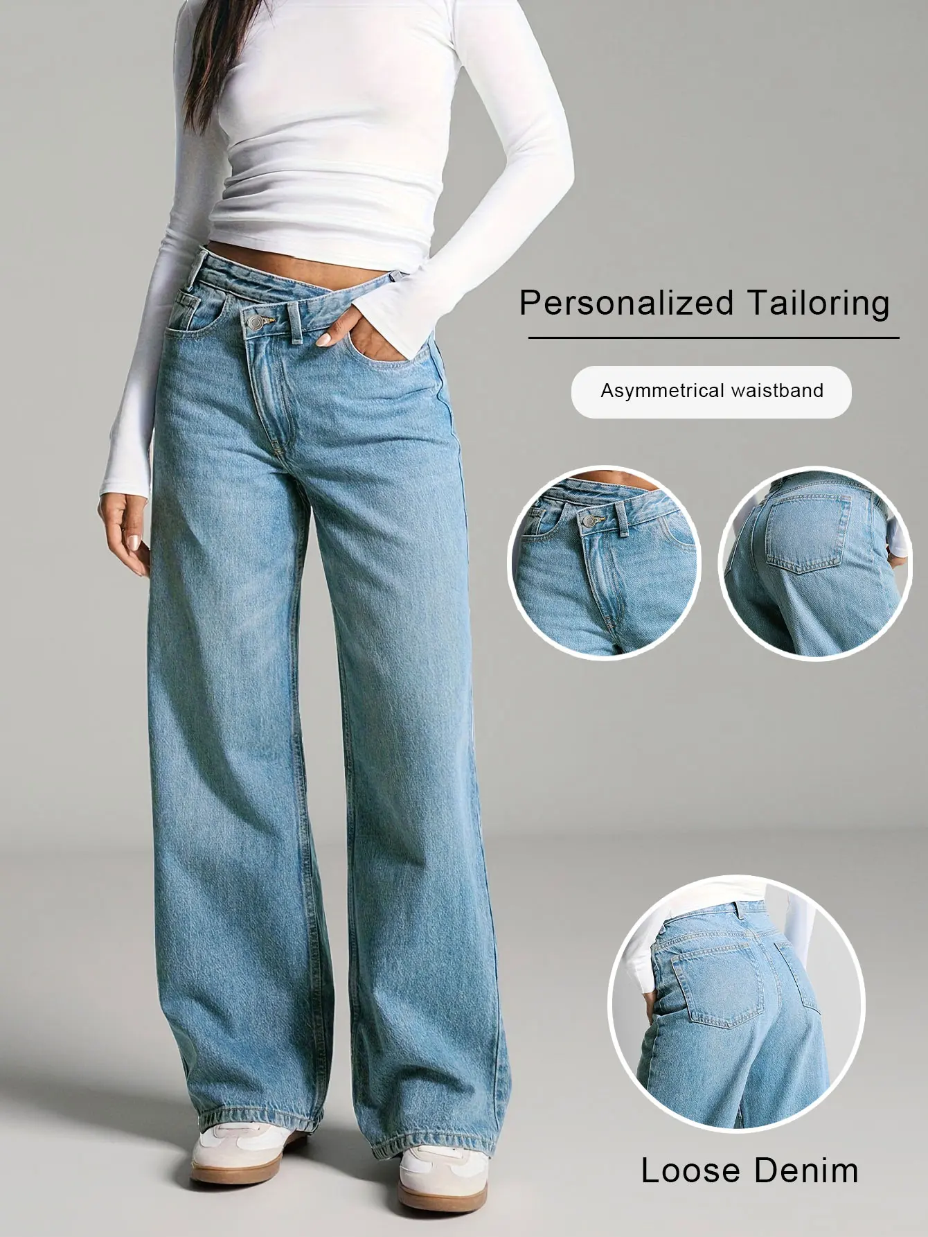 Hellblaue Y2K-Jeans mit weitem Bein für Damen – niedrige Taille, lockere Passform – weicher und bequemer, nicht dehnbarer Denim-Stoff – lässiger Street-Style